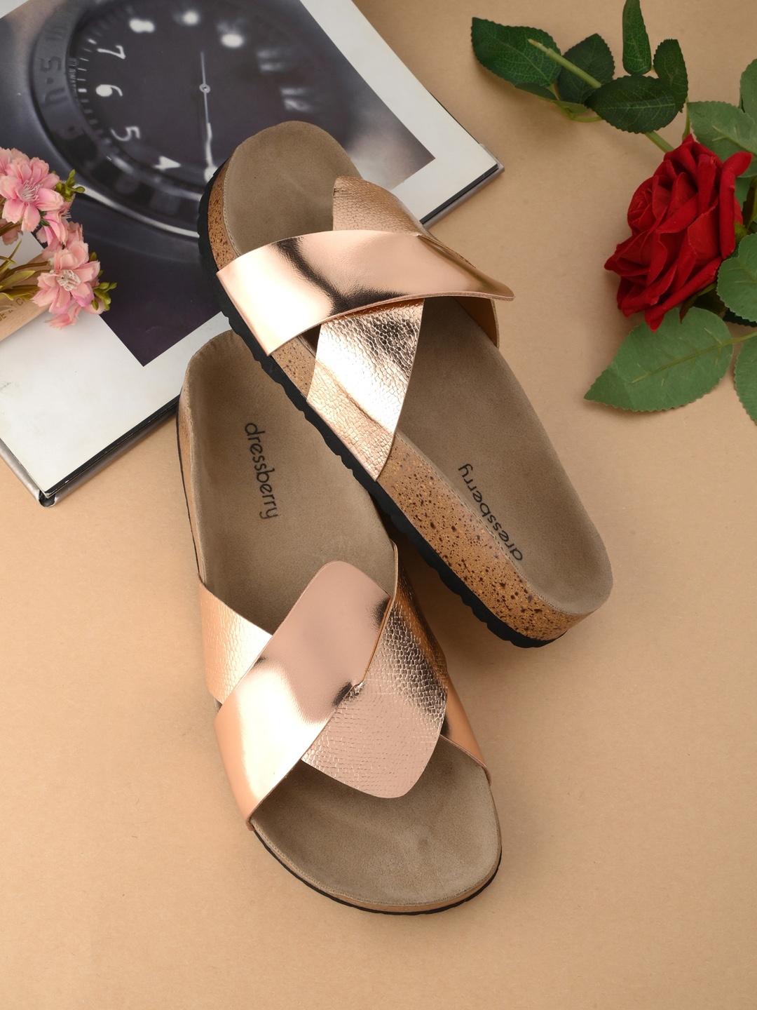 

DressBerry Copper Toned Leather Open Toe Flats