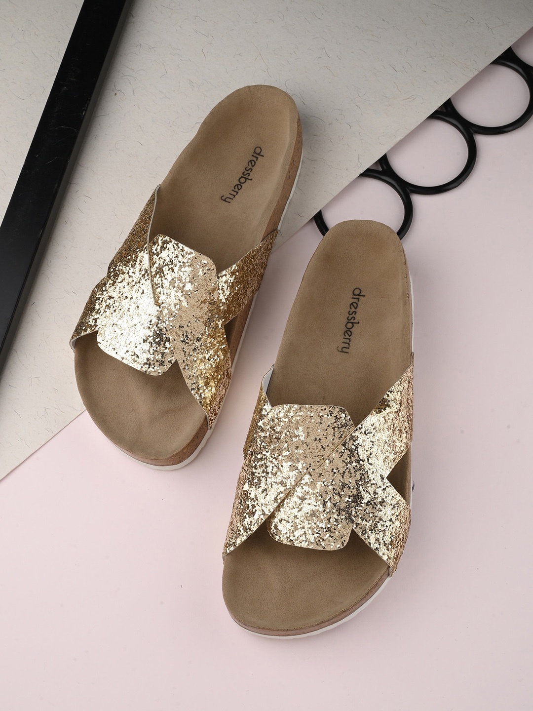 

DressBerry Gold Toned Embellished Leather Open Toe Flats