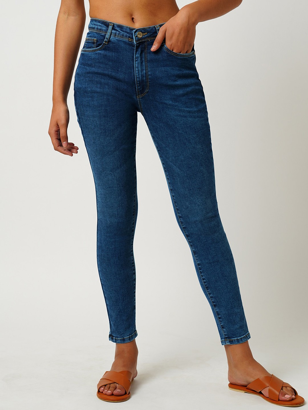 

Kraus Jeans Women Skinny Fit High-Rise Light Fade Clean Look Stretchable Jeans, Blue