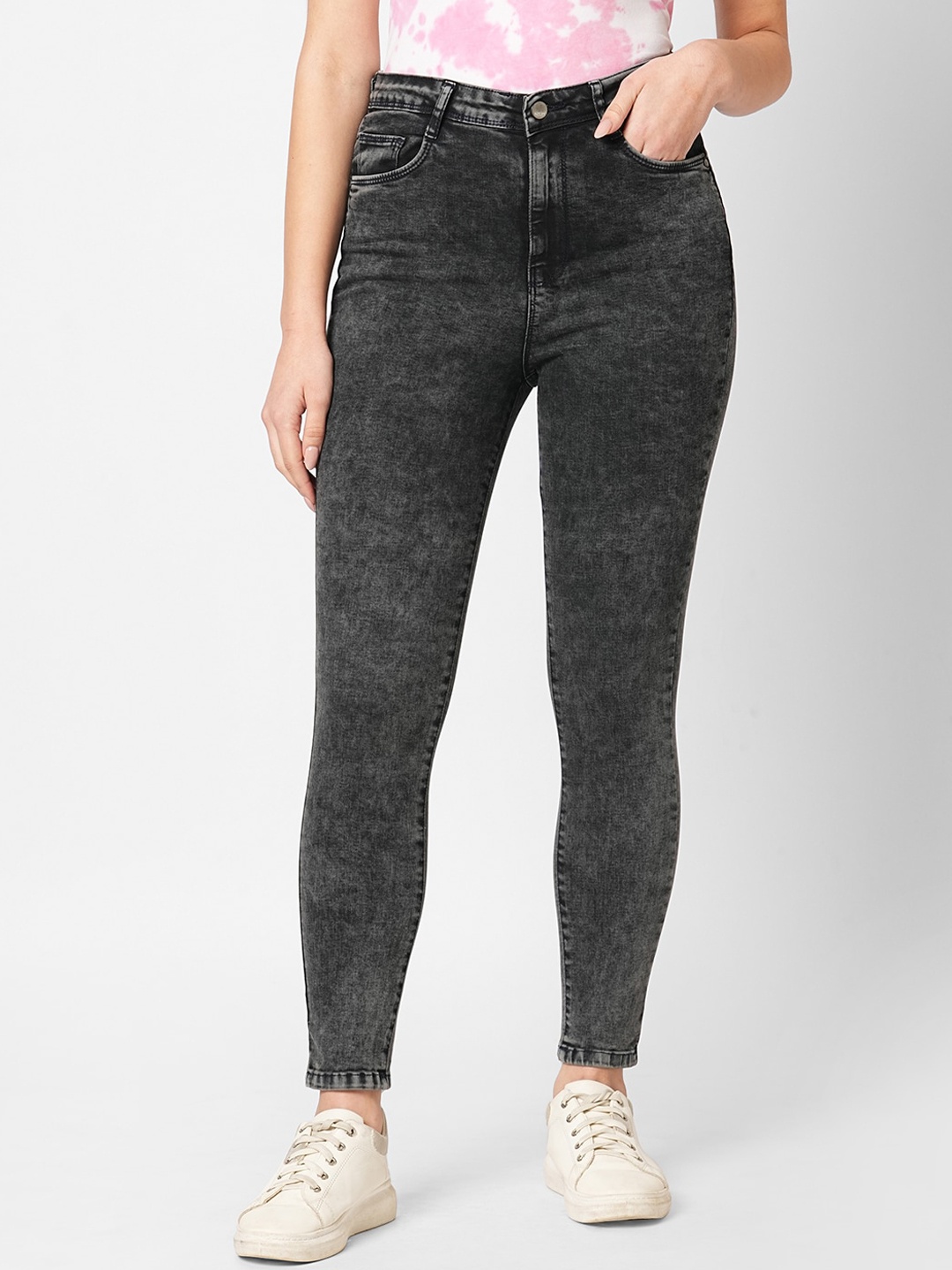 

Kraus Jeans Women Skinny Fit High-Rise Heavy Fade Stretchable Jeans, Grey