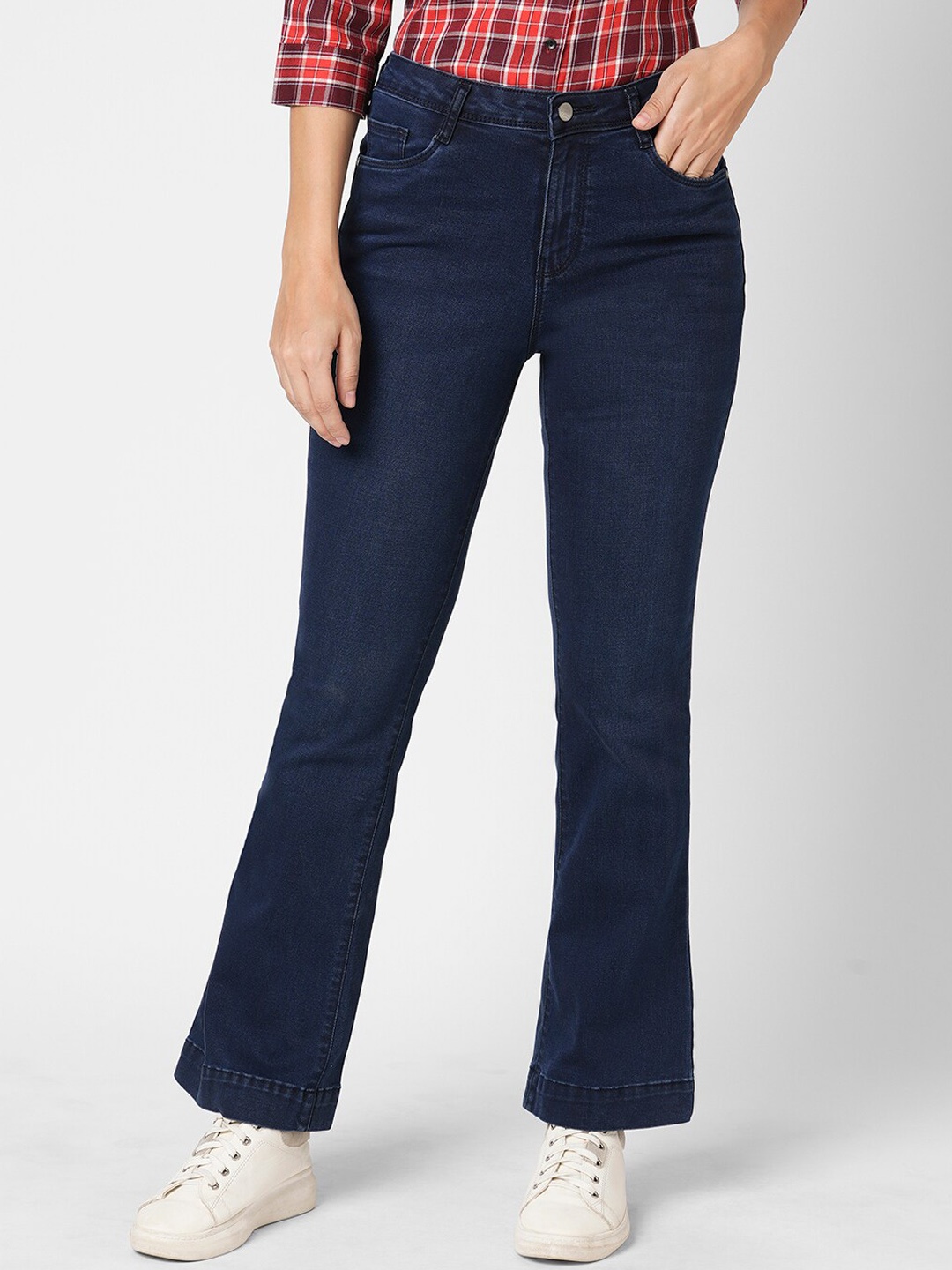 

Kraus Jeans Women Flared High-Rise Clean Look Cotton Jeans, Navy blue