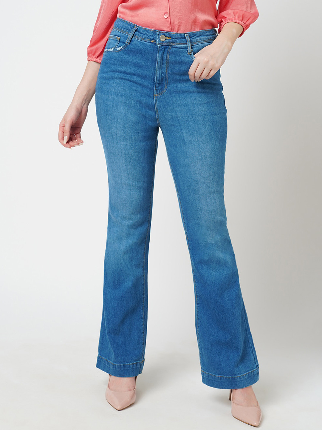 

Kraus Jeans Women Flared High-Rise Low Distress Light Fade Stretchable Jeans, Blue
