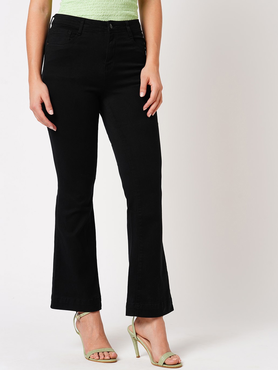 

Kraus Jeans Women Flared Clean Look High-Rise Pure Cotton Jeans, Black