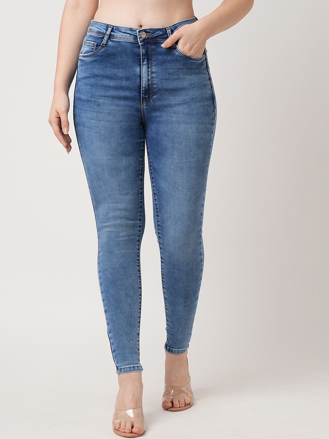 

Kraus Jeans Women Skinny Fit High-Rise Heavy Fade Whiskers Stretchable Jeans, Blue