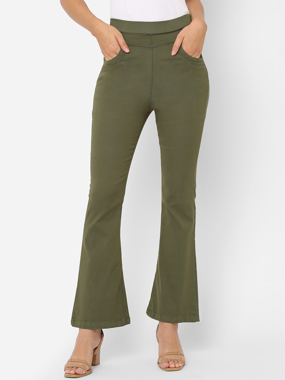 

Kraus Jeans Women Flared High-Rise Clean Look Stretchable Jeans, Olive