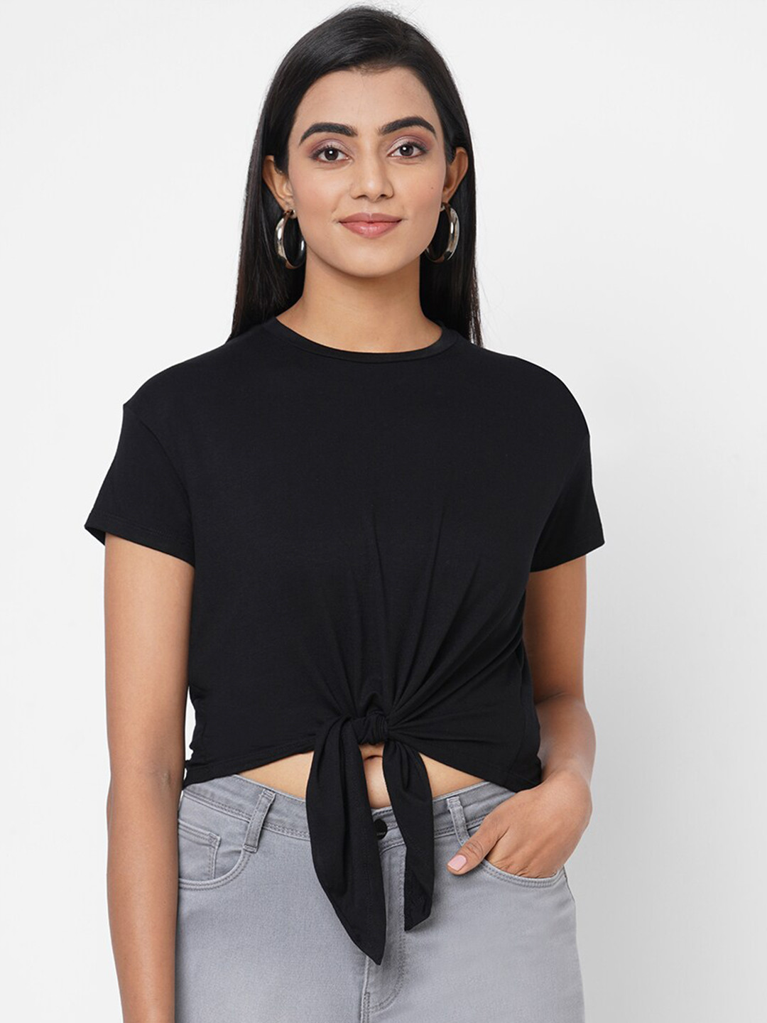 

Kraus Jeans Round Neck Short Sleeves Crop Slim Fit T-shirt, Black