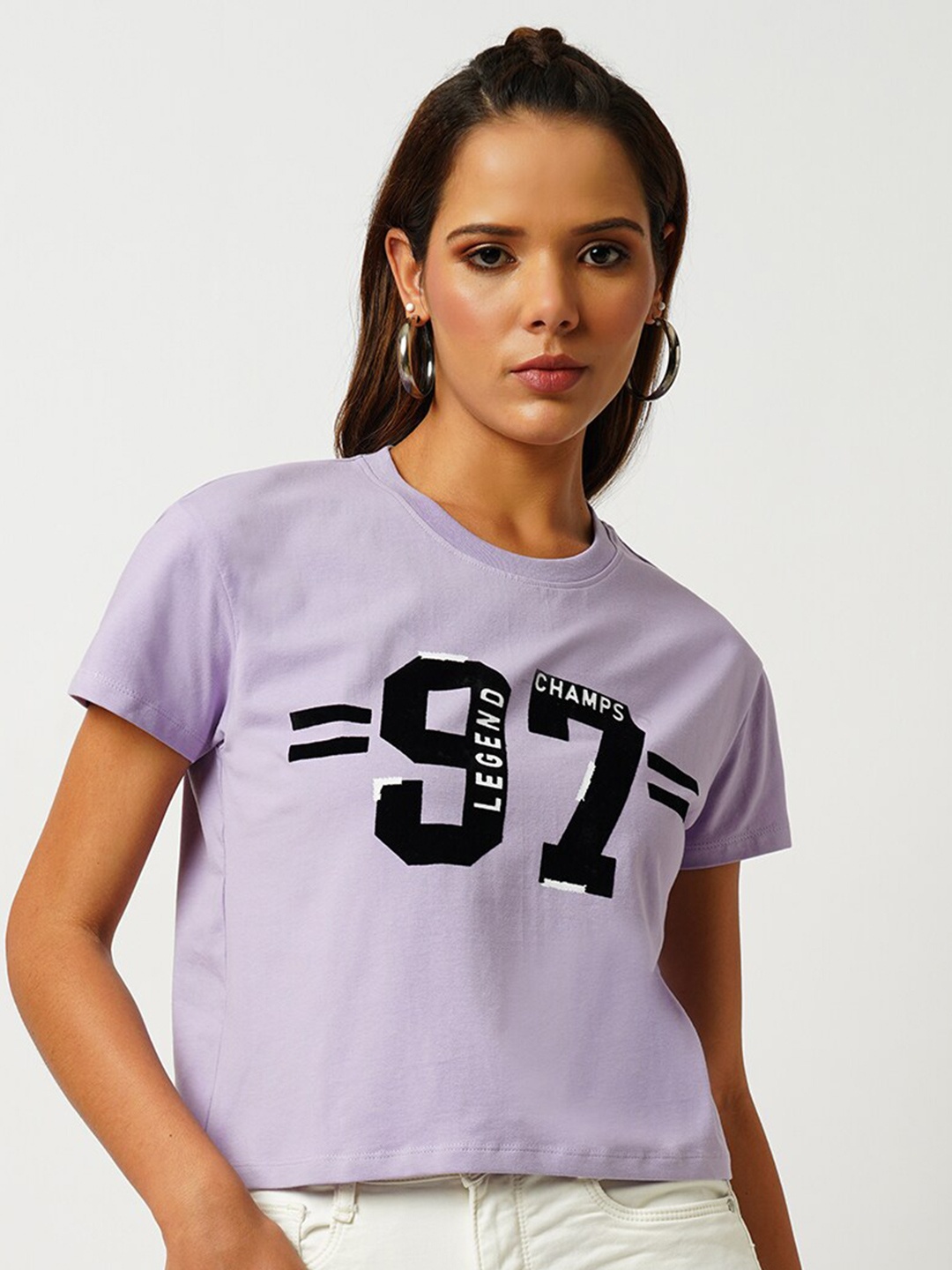 

Kraus Jeans Varsity Printed Round Neck Short Sleeves Crop Cotton Slim Fit T-shirt, Purple
