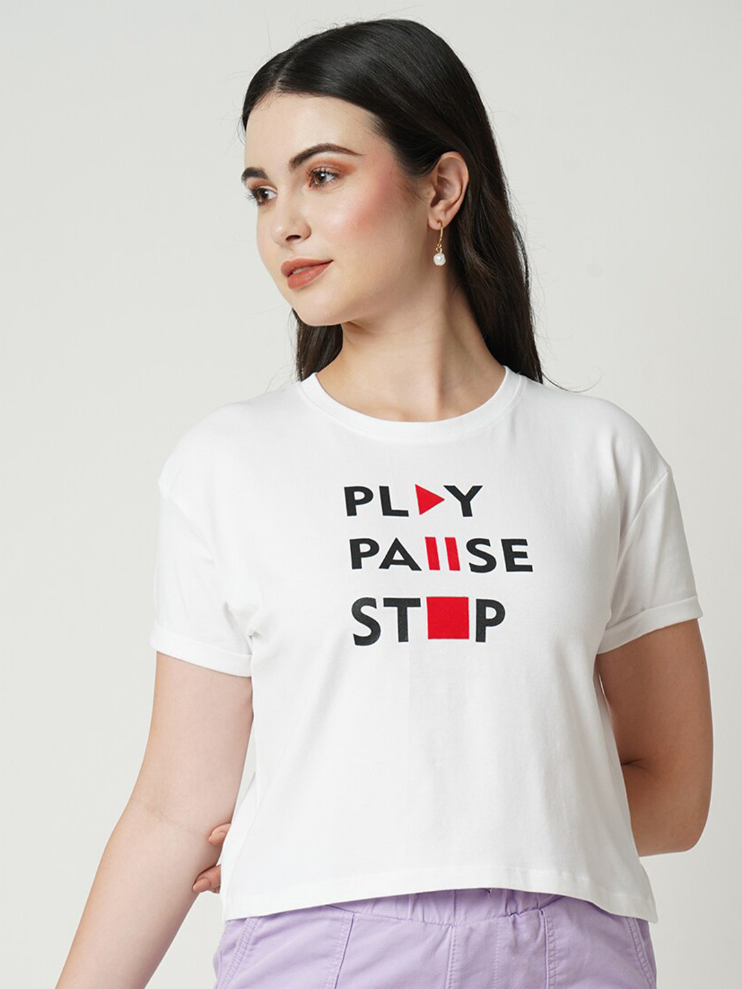 

Kraus Jeans Typography Printed Round Neck Short Sleeves Crop Cotton Slim Fit T-shirt, Off white