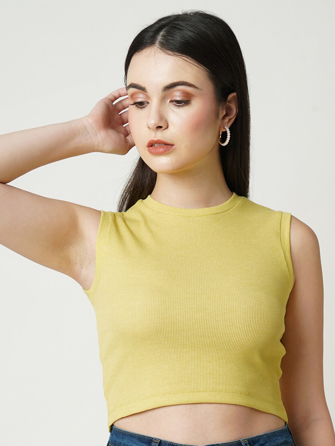 

Kraus Jeans Round Neck Sleeveless Pure Cotton Slim Fit Crop T-shirt, Yellow