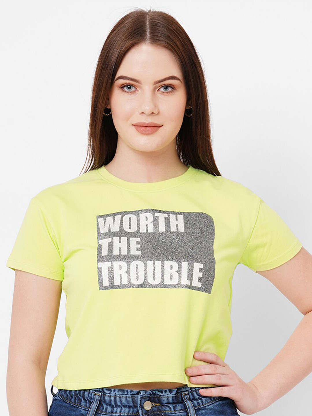 

Kraus Jeans Typography Printed Round Neck Short Sleeves Crop Cotton Slim Fit T-shirt, Lime green