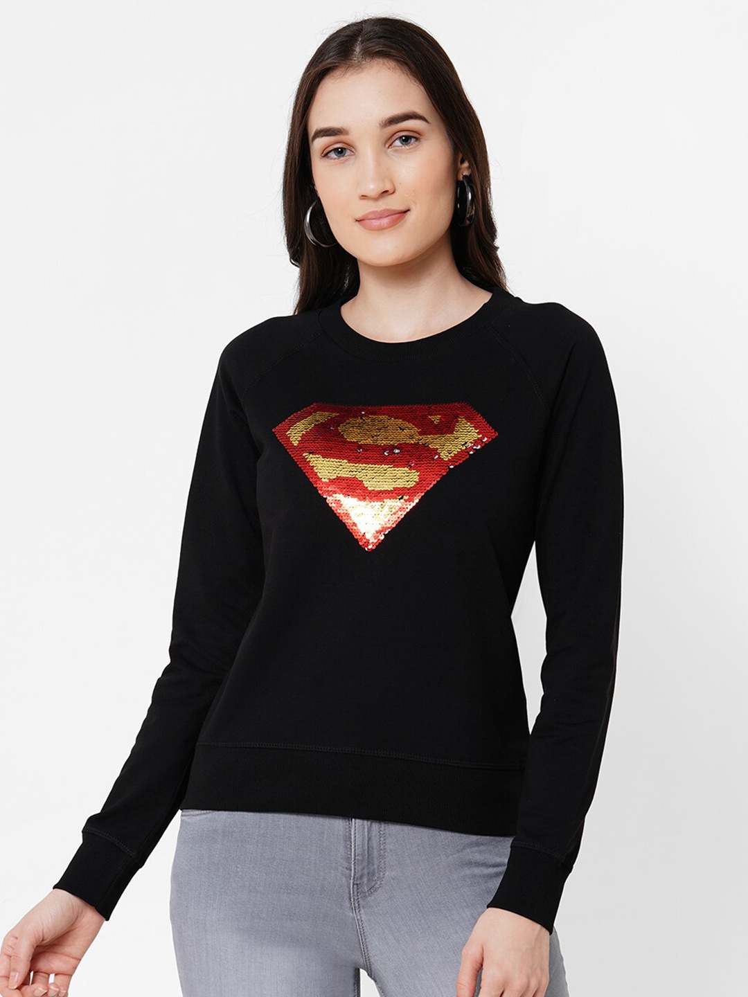 

Kraus Jeans Superman Printed Round Neck Long Sleeves Embellished Cotton Slim Fit T-shirt, Black