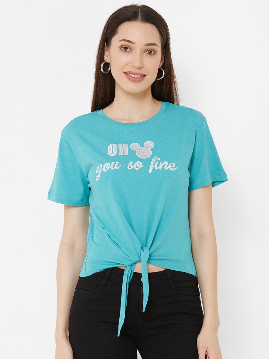 

Kraus Jeans Typography Printed Round Neck Short Sleeves Crop Cotton Slim Fit T-shirt, Green