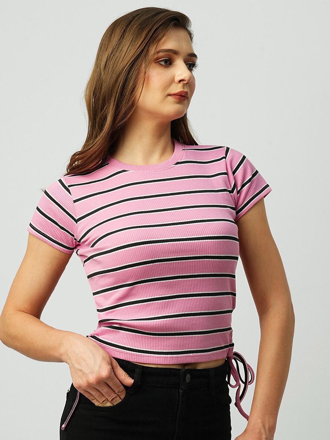 

Kraus Jeans Striped Printed Pure Cotton Slim Fit Crop T-shirt, Pink