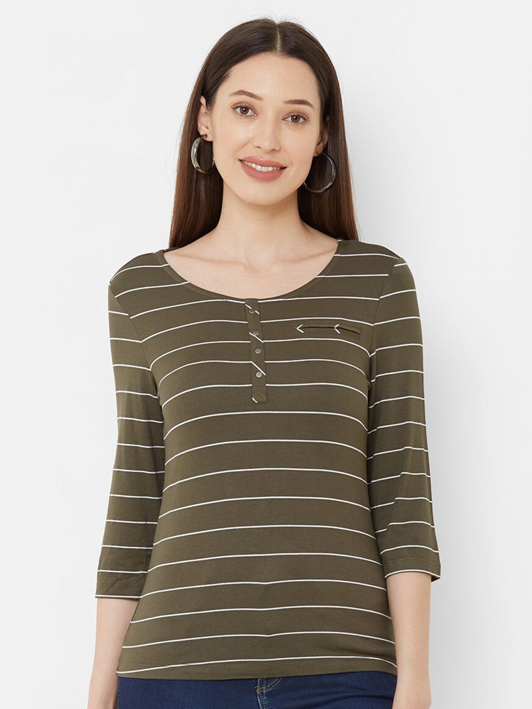 

Kraus Jeans Striped Printed Round Neck Slim Fit T-shirt, Olive