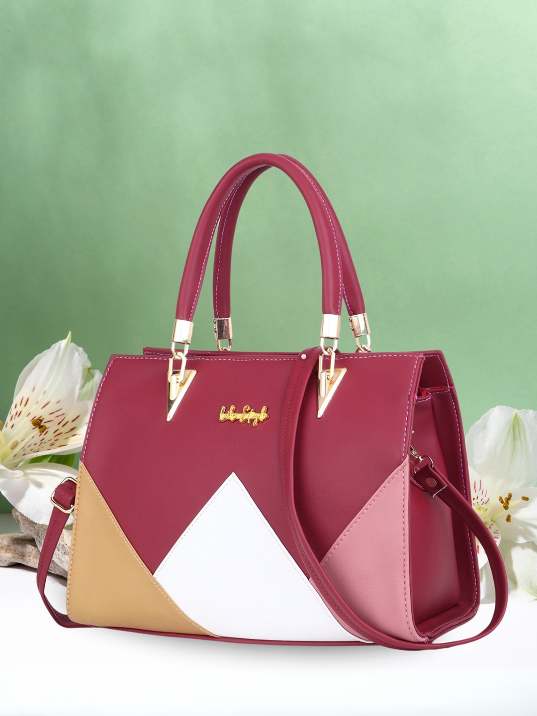 

LIKE STYLE Colourblocked Structured Handheld Bag, Maroon