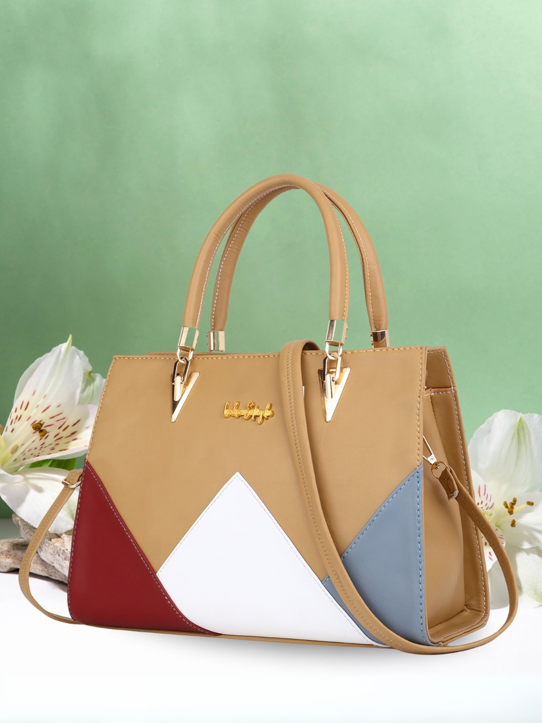 

LIKE STYLE Colourblocked Structured Handheld Bag, Beige