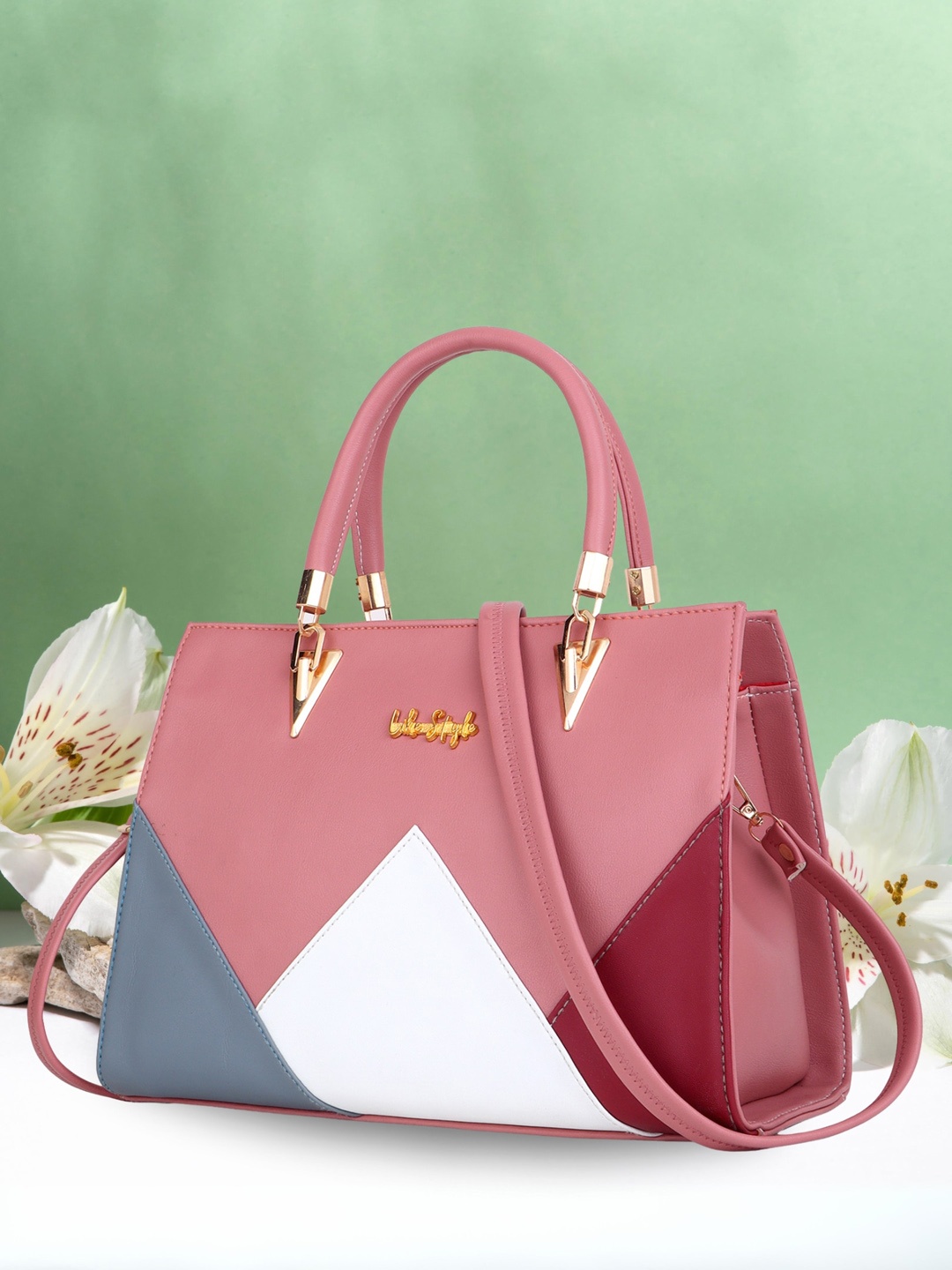 

LIKE STYLE Colourblocked Structured Handheld Bag, Pink