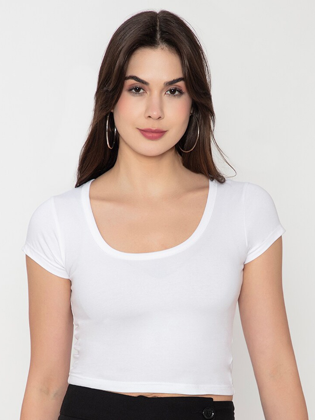 

Finesse Plus Size Scoop Neck Cotton Fitted Crop Top, White