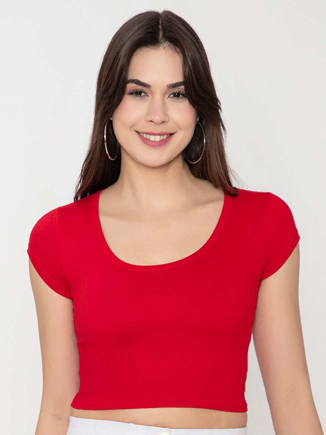 

Finesse Round Neck Cotton Crop Top, Red