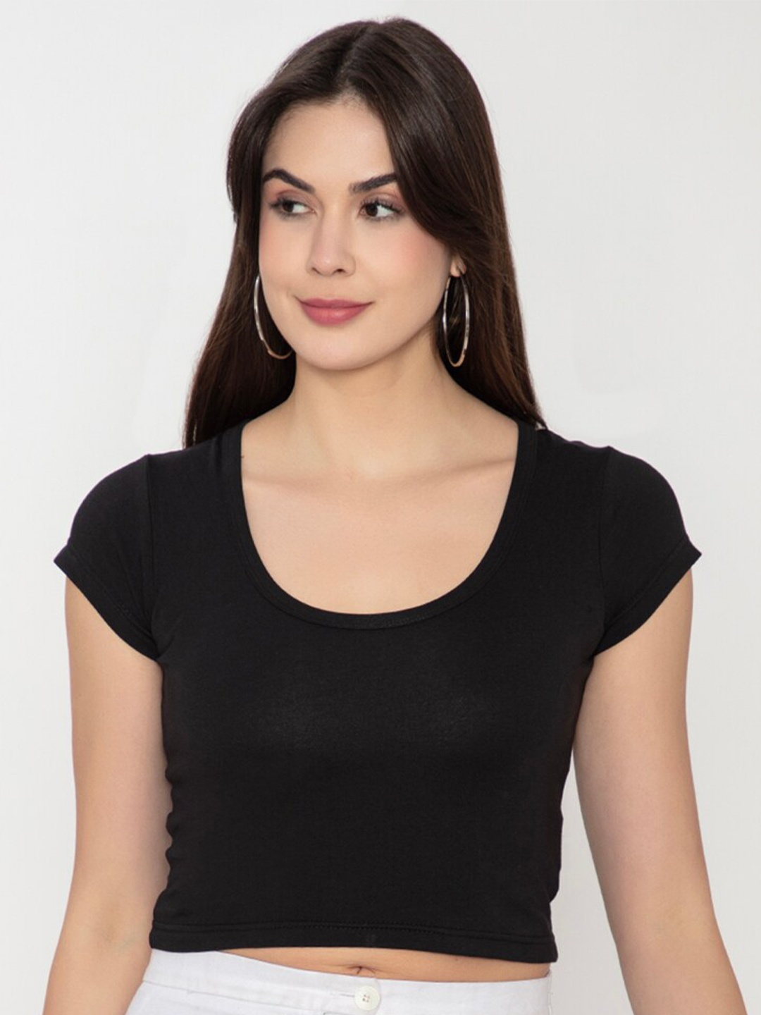 

Finesse Scoop Neck Cap Sleeves Cotton Fitted Crop Top, Black