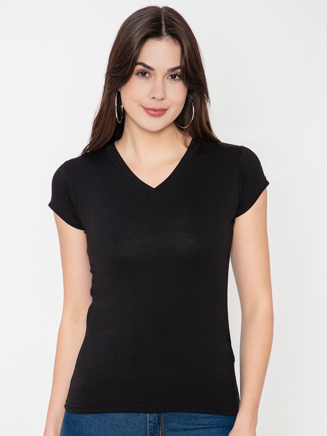 

Finesse V Neck Cap Sleeves T shirt, Black