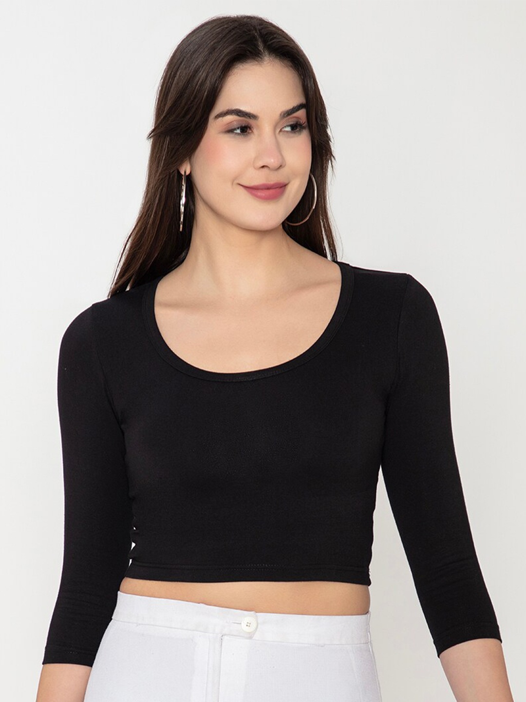 

Finesse Scoop Neck Cotton Fitted Crop Top, Black