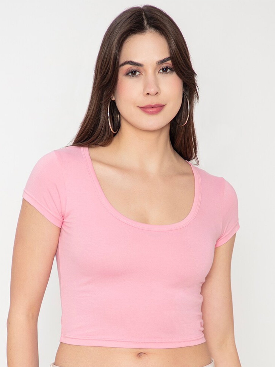 

Finesse Plus Size Scoop Neck Cotton Fitted Crop Top, Pink