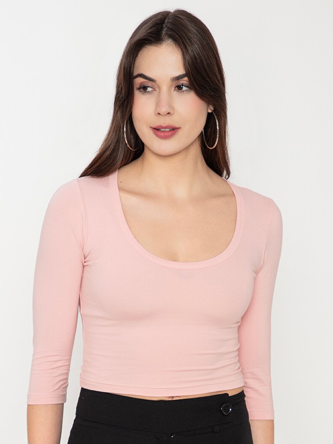 

Finesse Scoop Neck Cotton Fitted Crop Top, Pink