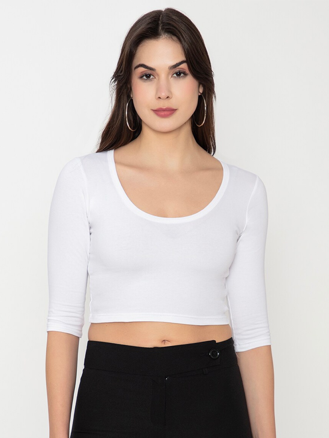 

Finesse Scoop Neck Cotton Fitted Crop Top, White