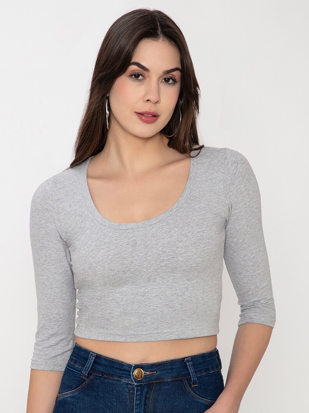 

Finesse Scoop Neck Cotton Fitted Crop Top, Grey