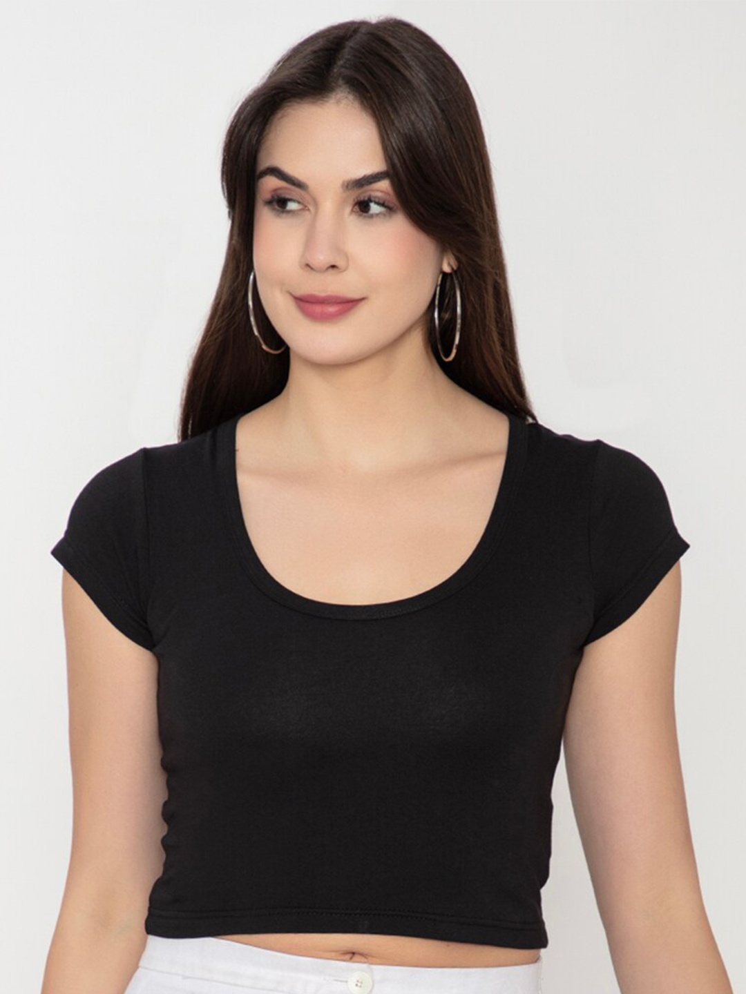 

Finesse Plus Size Scoop Neck Cotton Fitted Crop Top, Black