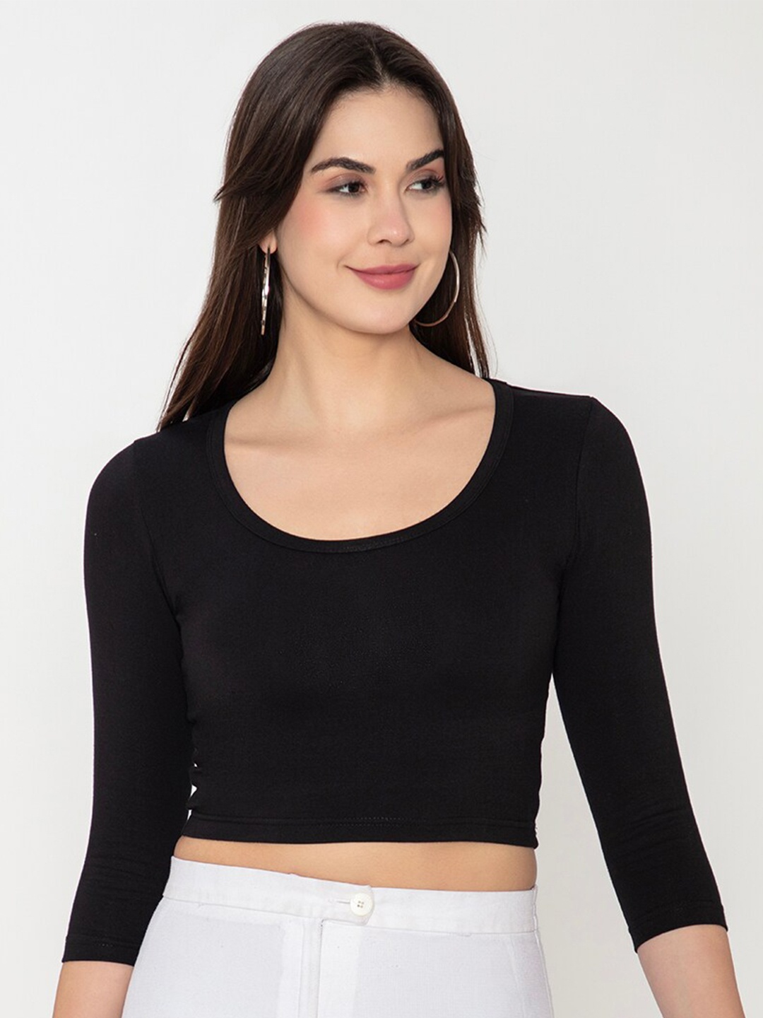 

Finesse Round Neck Fitted Crop Top, Black