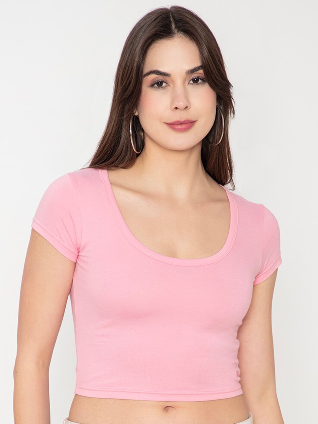 

Finesse Scoop Neck Short Sleeves Fitted Crop Top, Pink