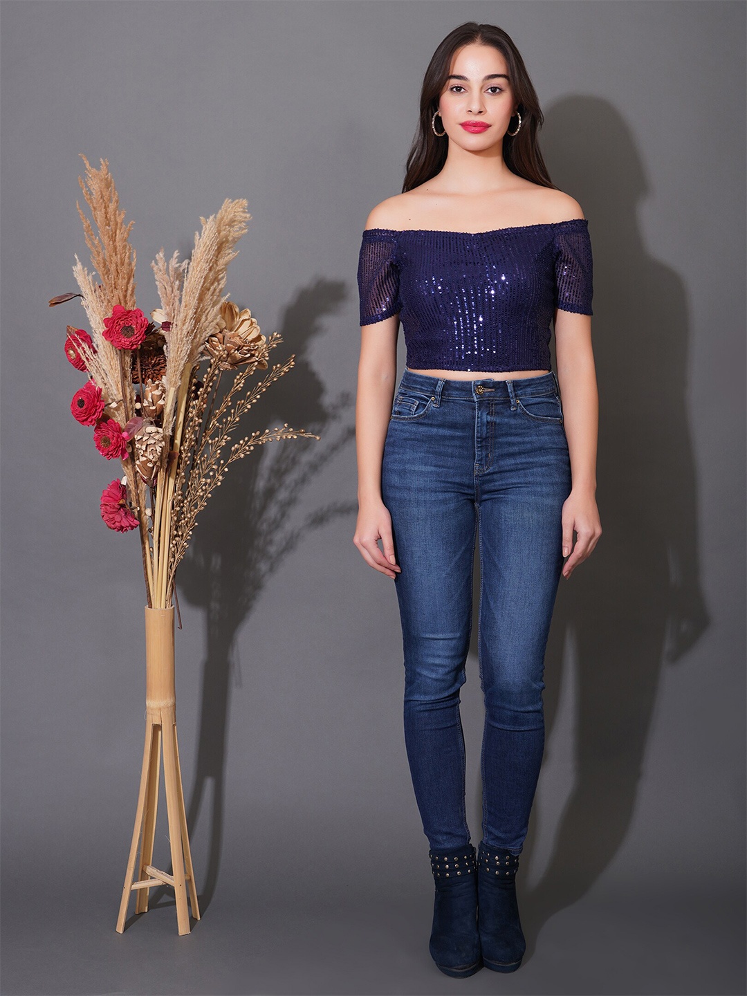 

DEBONATELLA Printed Off-Shoulder Short Sleeves Bardot Crop Top, Navy blue