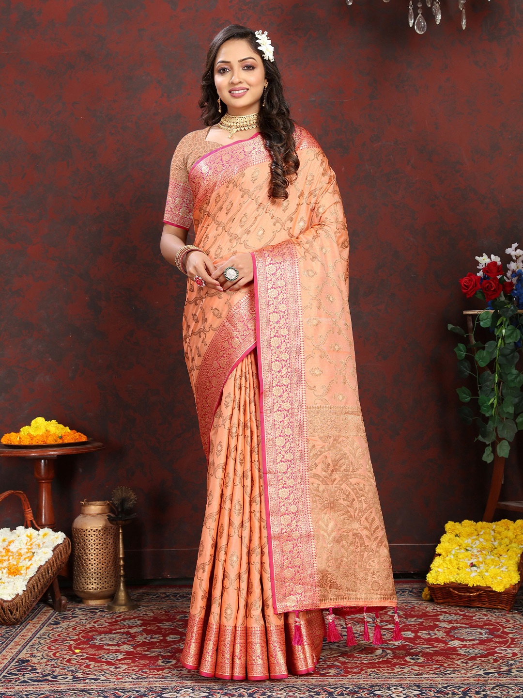 

Divyadham Textiles Ethnic Motifs Woven Design Zari Pure Silk Banarasi Saree, Peach