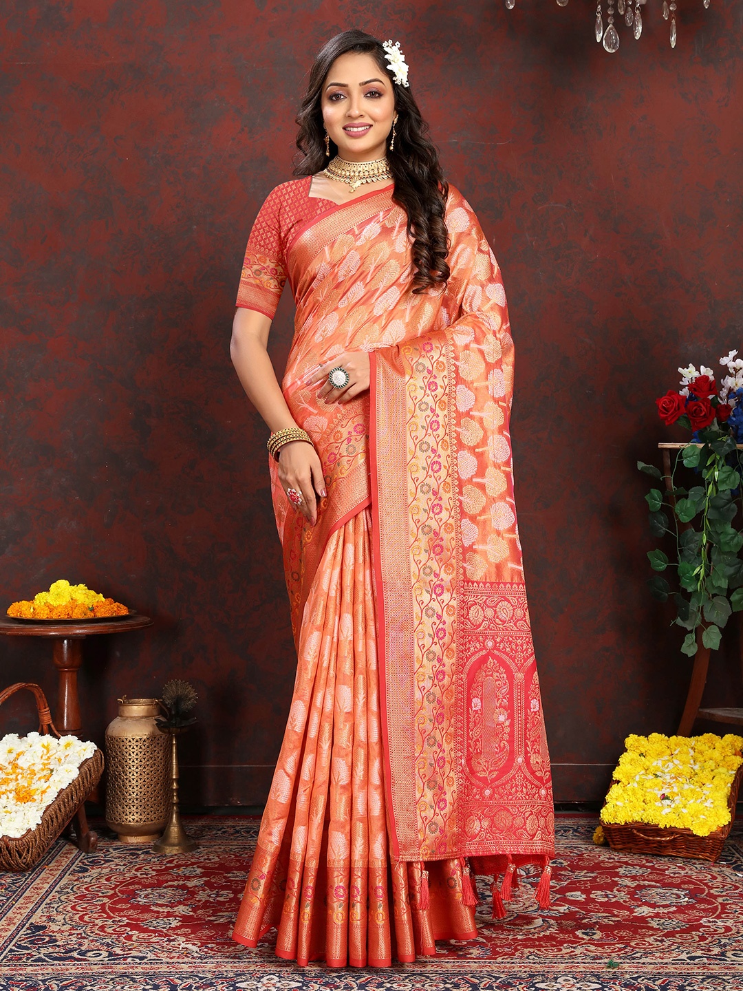 

Divyadham Textiles Ethnic Motifs Woven Design Zari Organza Banarasi Saree, Orange