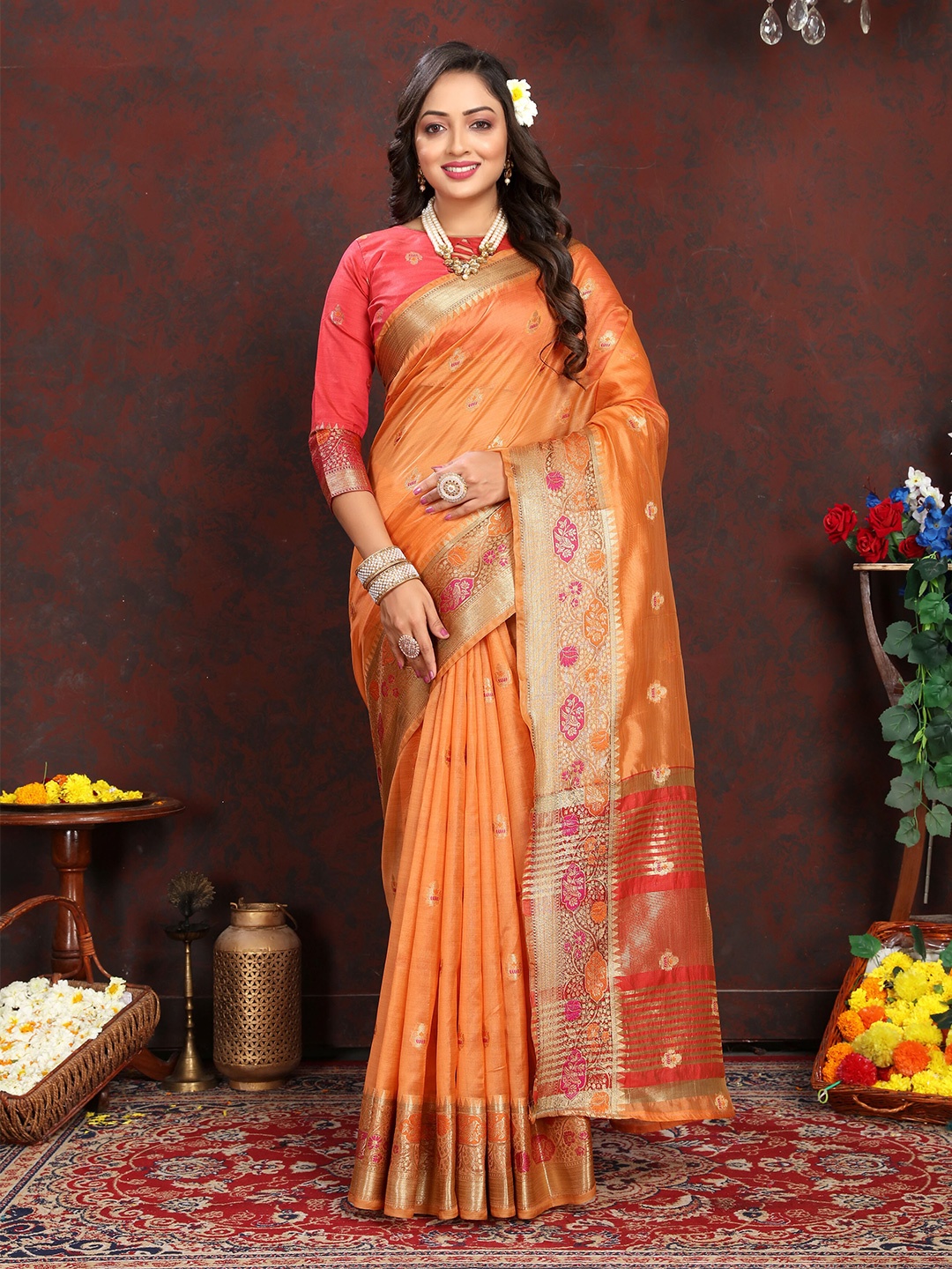 

Divyadham Textiles Ethnic Motifs Woven Design Zari Organza Silk Banarasi Saree, Orange
