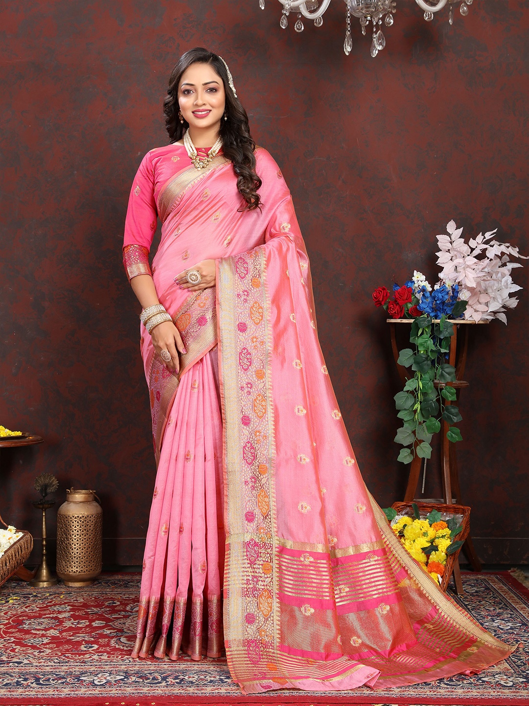 

Divyadham Textiles Ethnic Motifs Woven Design Zari Organza Banarasi Saree, Pink
