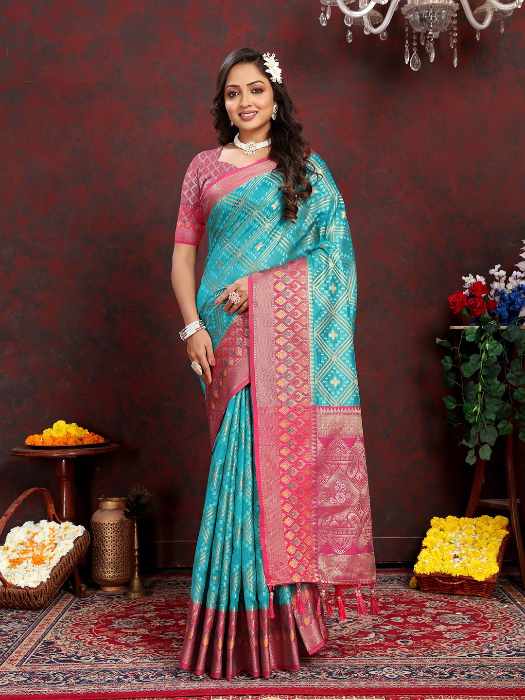 

Divyadham Textiles Ethnic Motifs Woven Design Zari Organza Banarasi Saree, Turquoise blue