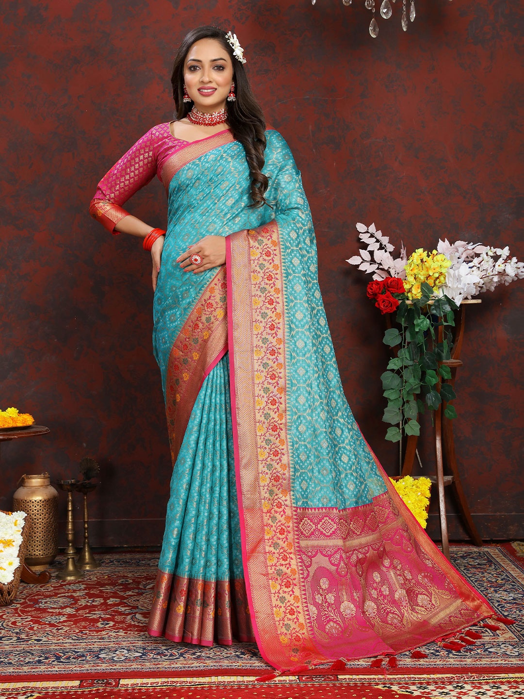 

Divyadham Textiles Ethnic Motifs Woven Design Zari Organza Banarasi Saree, Turquoise blue