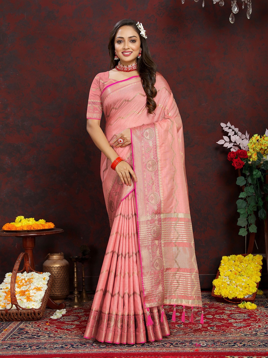 

Divyadham Textiles Ethnic Motifs Woven Design Zari Pure Silk Banarasi Saree, Pink