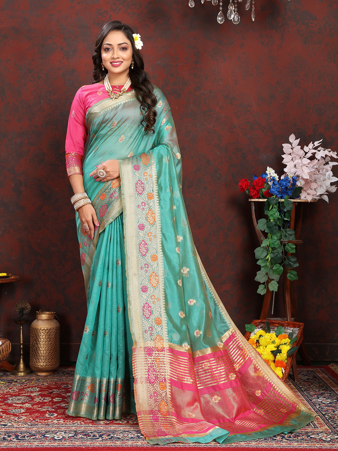 

Divyadham Textiles Ethnic Motifs Woven Design Zari Organza Banarasi Saree, Turquoise blue