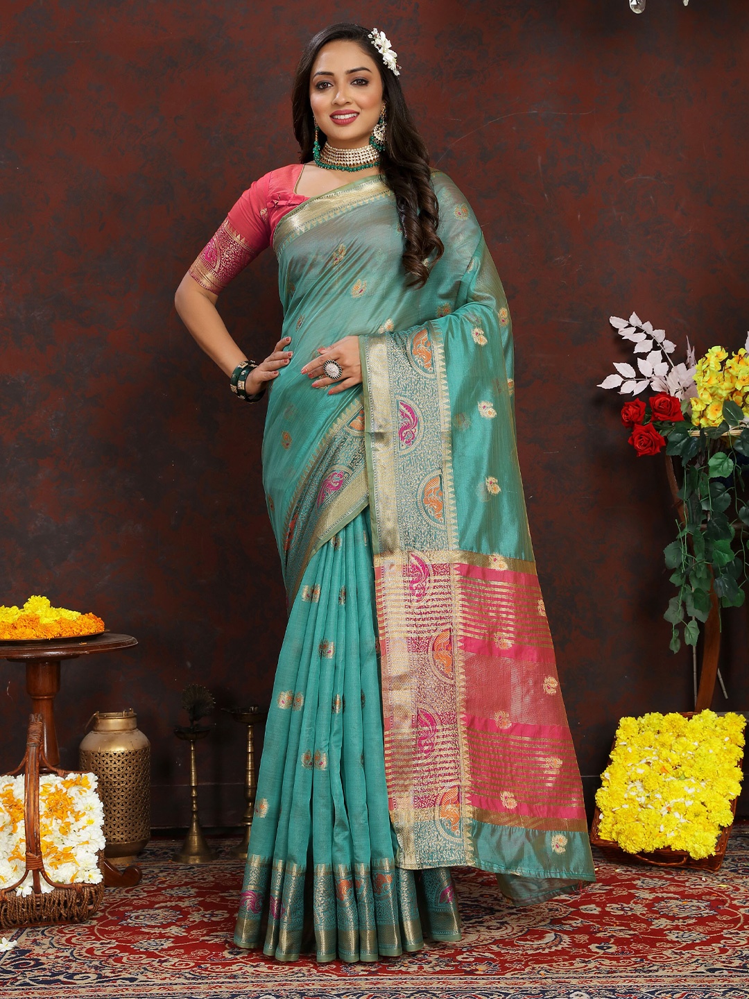 

Divyadham Textiles Woven Design Zari Organza Banarasi Saree, Turquoise blue