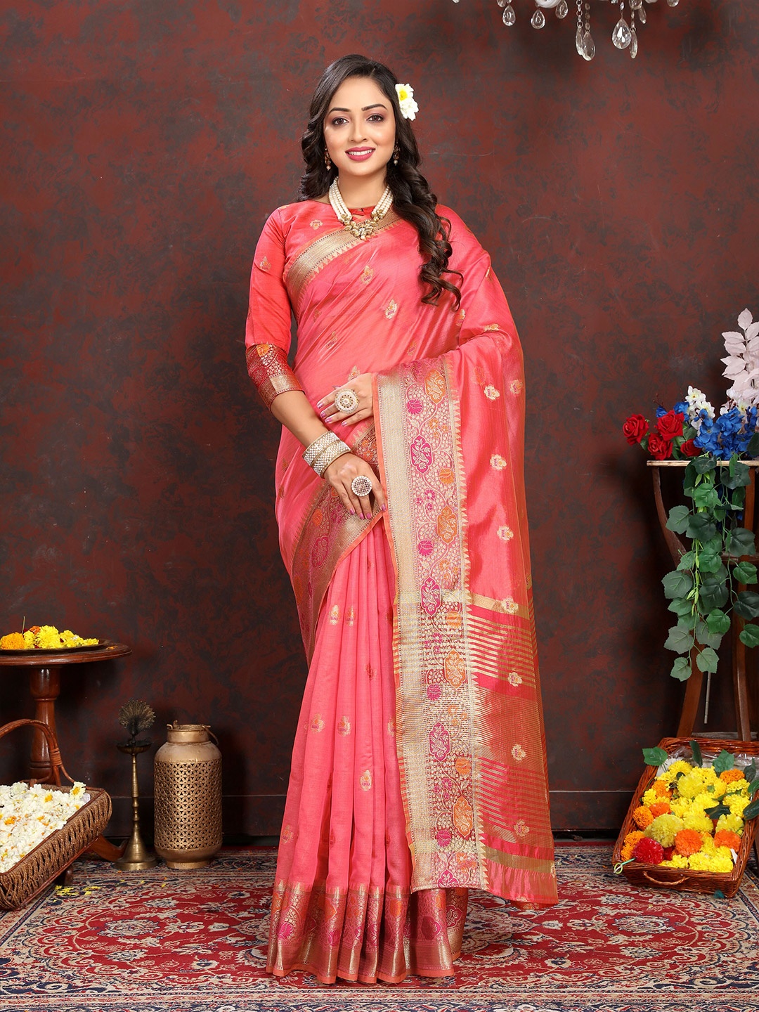 

Divyadham Textiles Ethnic Motifs Woven Design Zari Organza Silk Banarasi Saree, Peach