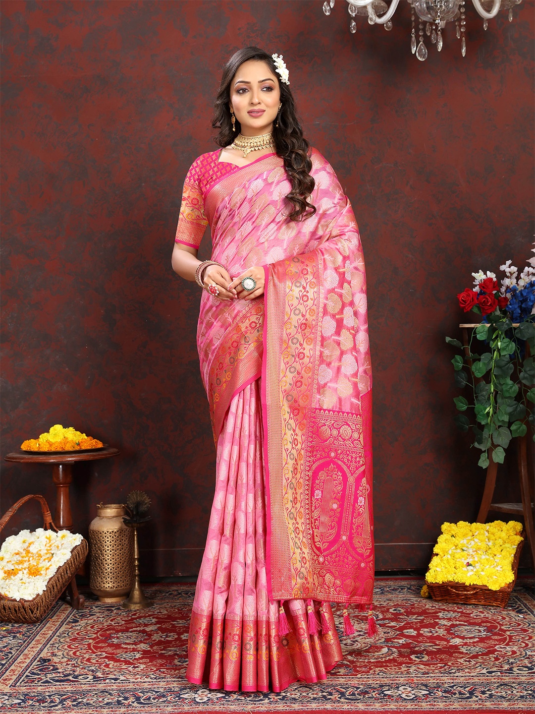 

Divyadham Textiles Ethnic Motifs Woven Design Zari Organza Silk Banarasi Saree, Pink