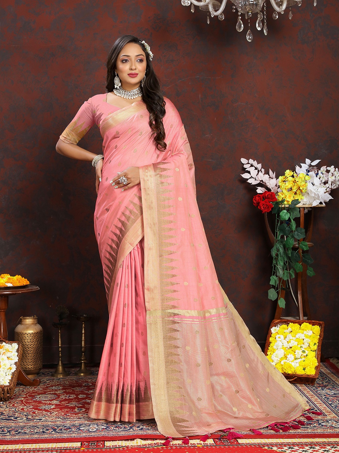

Divyadham Textiles Ethnic Motifs Woven Design Zari Pure Silk Banarasi Saree, Pink