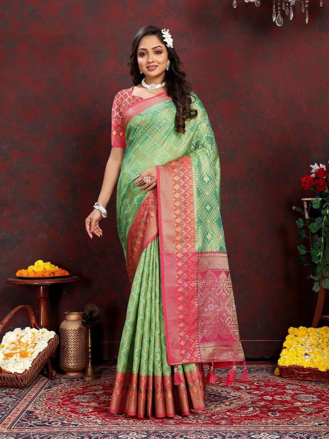 

Divyadham Textiles Ethnic Motifs Woven Design Zari Organza Silk Banarasi Saree, Green