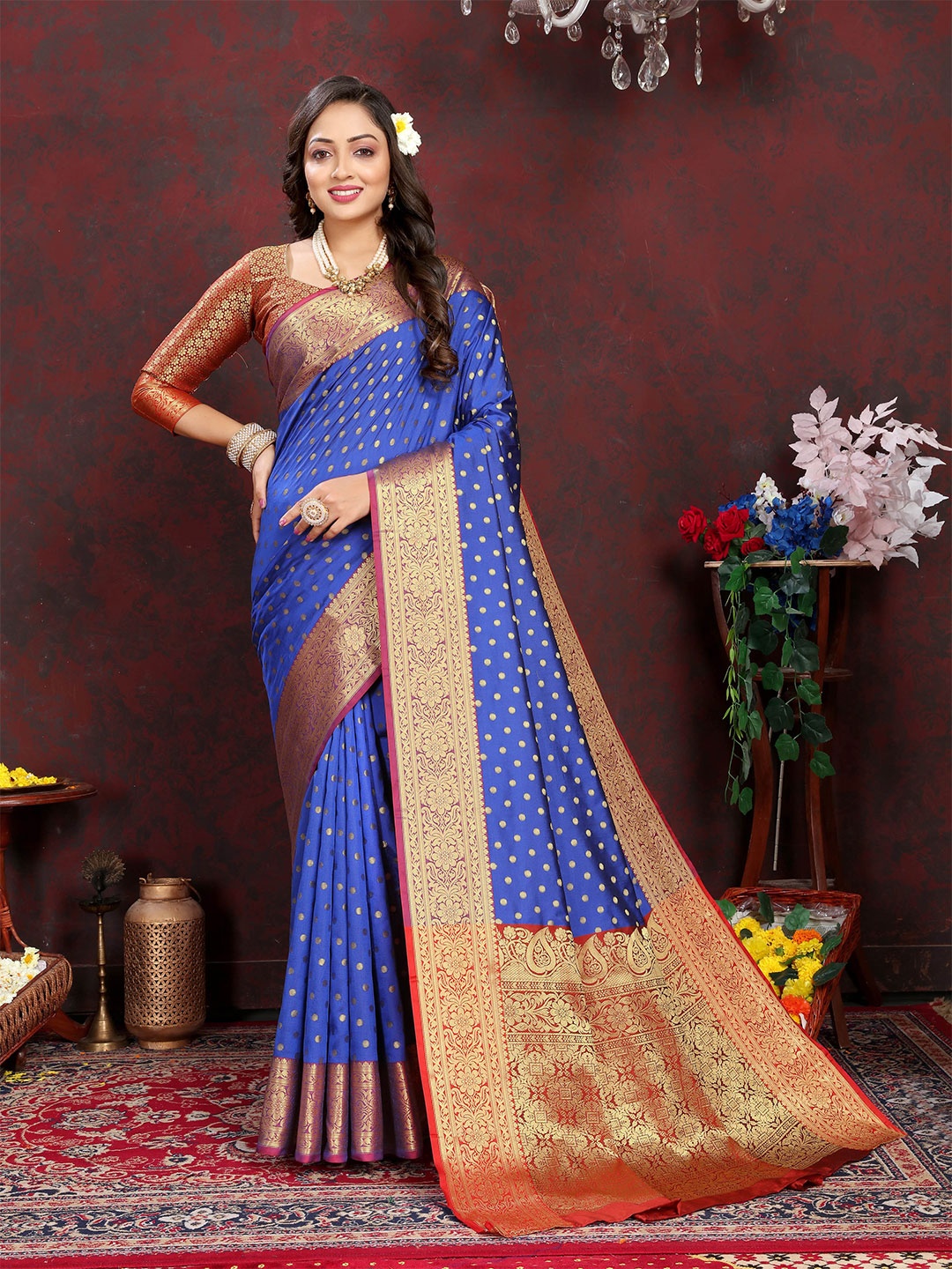 

Divyadham Textiles Polka Dots Woven Design Zari Pure Silk Banarasi Saree, Blue