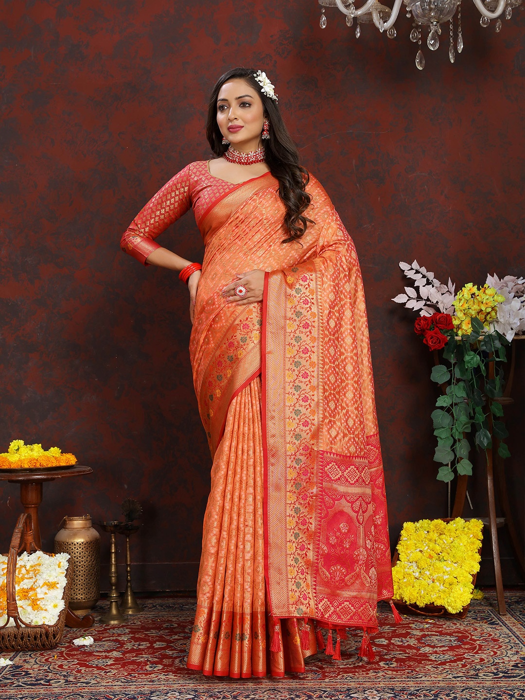 

Divyadham Textiles Ethnic Motifs Woven Design Zari Organza Banarasi Saree, Orange