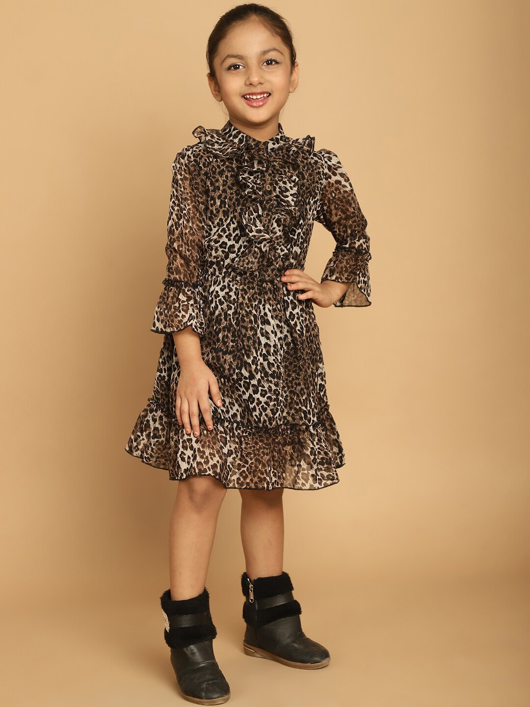 

MINI & MING Animal Printed Ruffles Bell Sleeve Fit & Flare Georgette Dress, Black